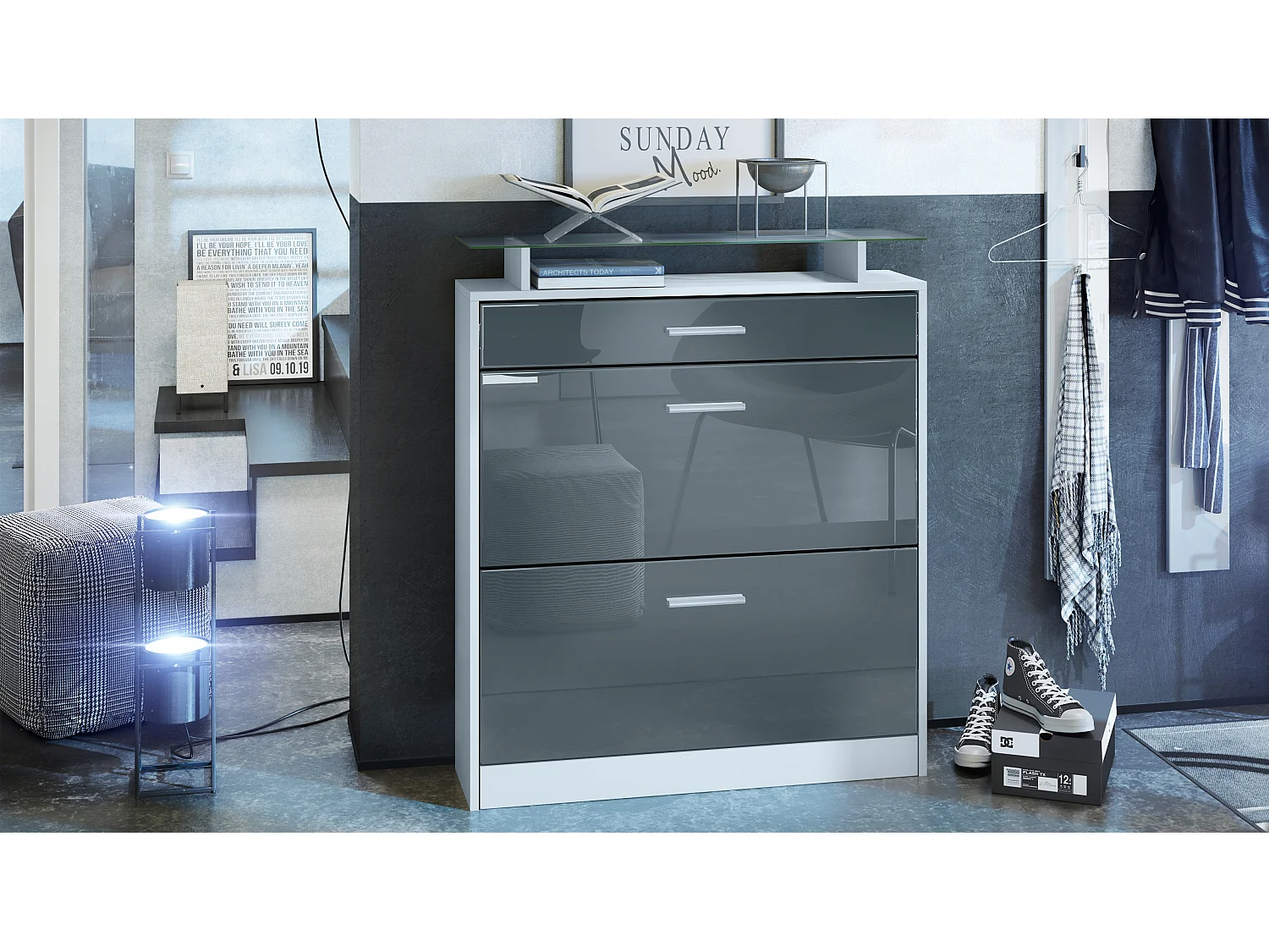 Meuble chaussure Loret, Étagère à chaussures pour 16 paires de chaussures avec 2 clapets à bascule, 1 tiroir, Blanc mat/Gris brillant (89 x 104 x 23 cm)