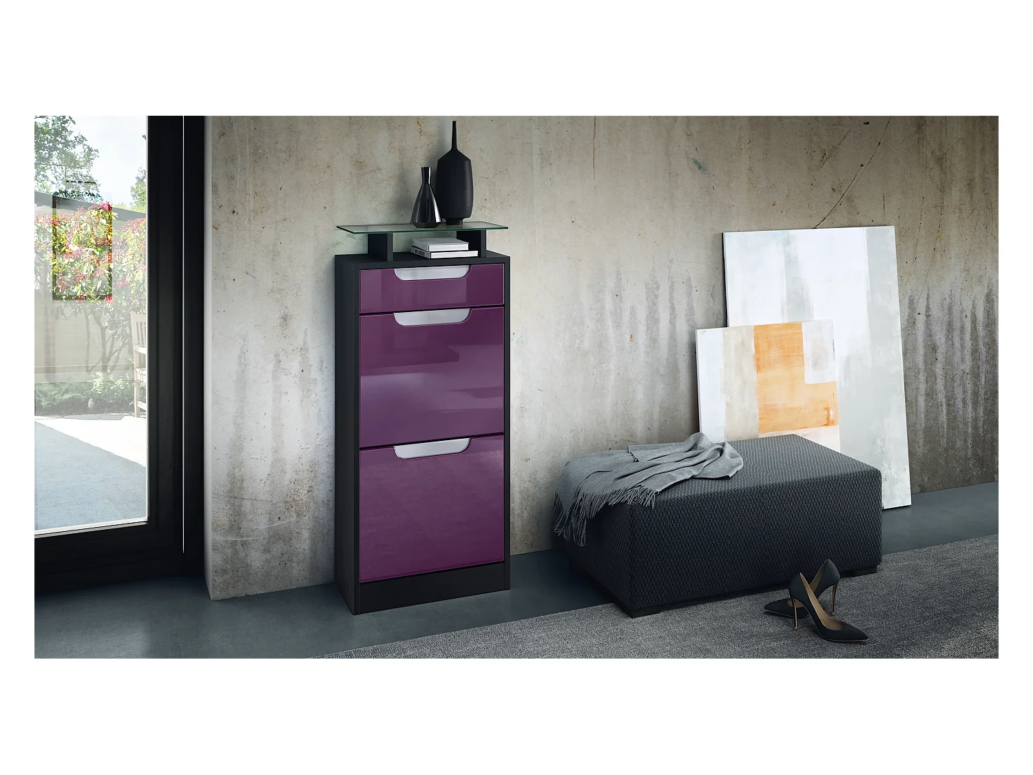 Meuble à chaussures Fiesta V2, Corps en Noir mat / Façades en Mûre haute brillance avec un decor en Blanc haute brillance