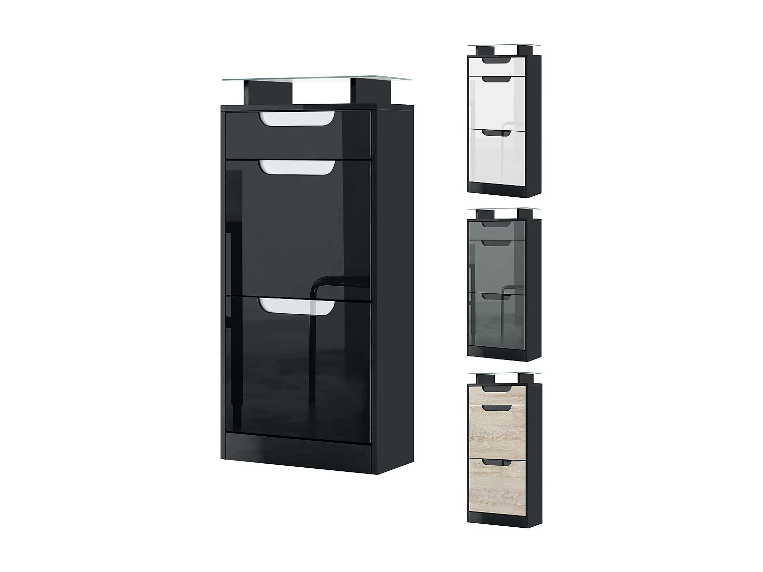 Meuble à chaussures Fiesta V2, Corps en Noir mat / Façades en Mûre haute brillance avec un decor en Blanc haute brillance