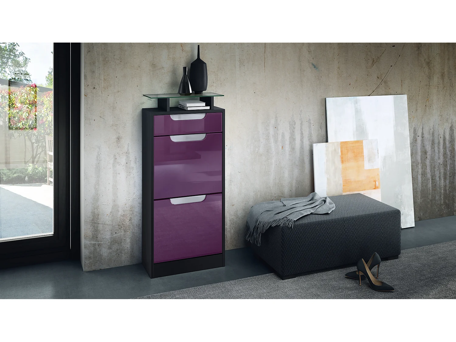 Scarpiera Fiesta V2, Carcassa in nero opaco / Frontale in violetto-porpora con profili in bianco lucido