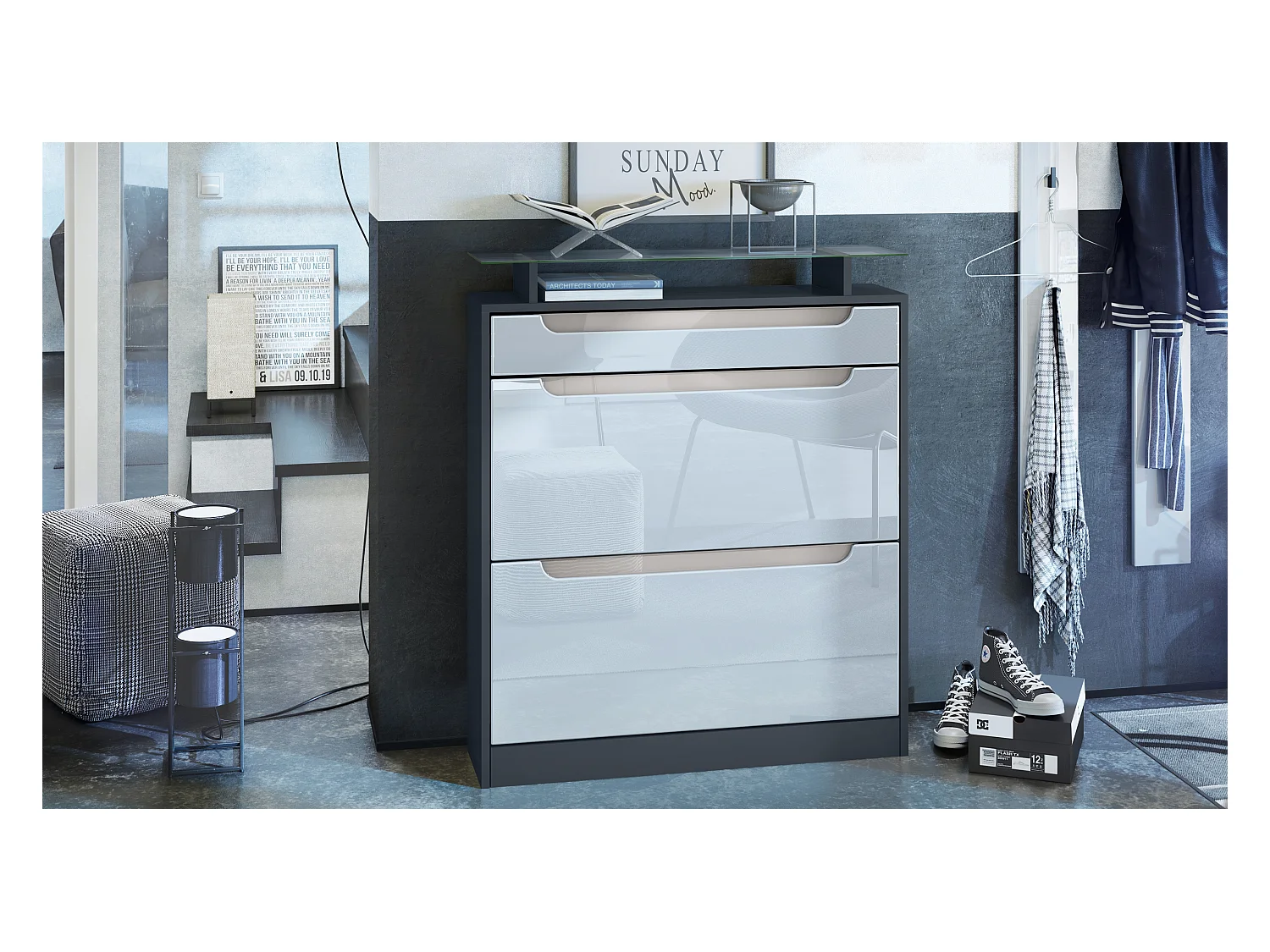 SCHUHSCHRANK Fiesta Fronten in Weiß Hochglanz, Griffmulden in Sandgrau Hochglanz