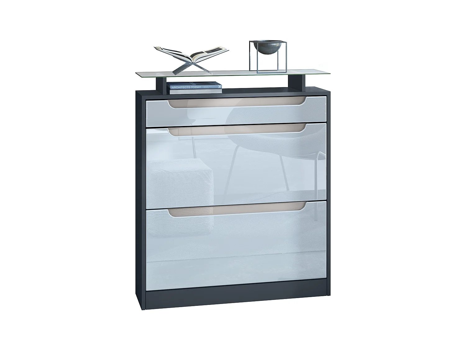 Meuble chaussure Fiesta pour 16 paires de chaussures, avec tablette en verre, Anthracite mat/Blanc brillant, poignées Gris sable brillant (89x104x23 cm)