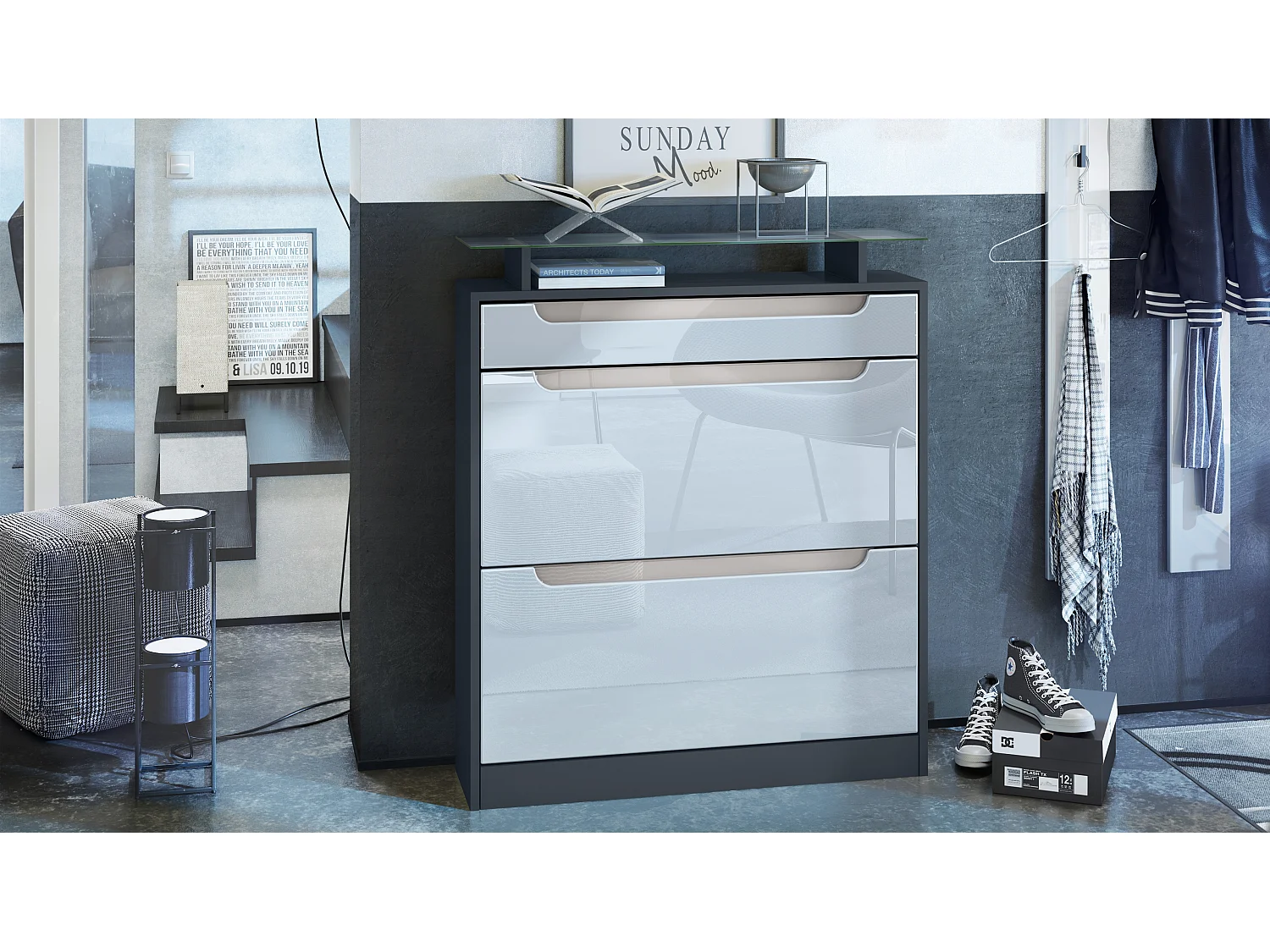 SCHUHSCHRANK Fiesta Fronten in Weiß Hochglanz, Griffmulden in Sandgrau Hochglanz