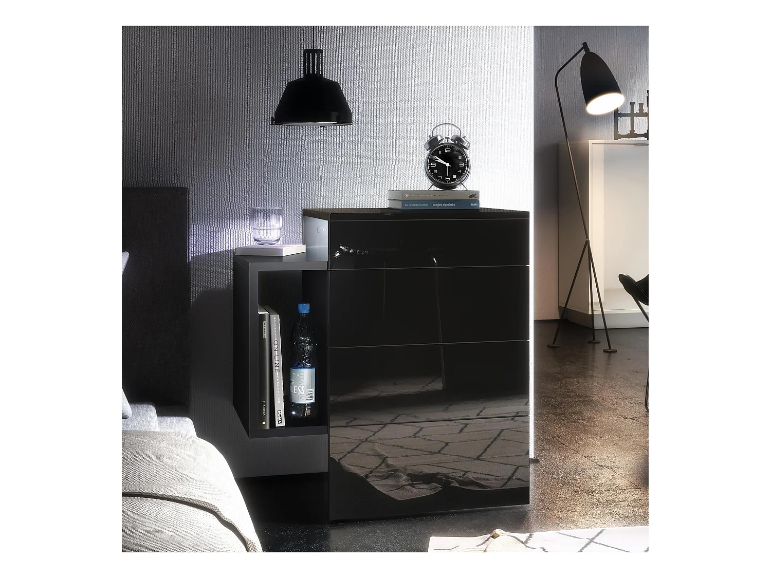 Table de chevet Queens, Table de nuit avec 2 tiroirs et 1 compartiment latéral à fixer au mur, Noir mat/Noir brillant, incl. LED blanc (60x63x36 cm)