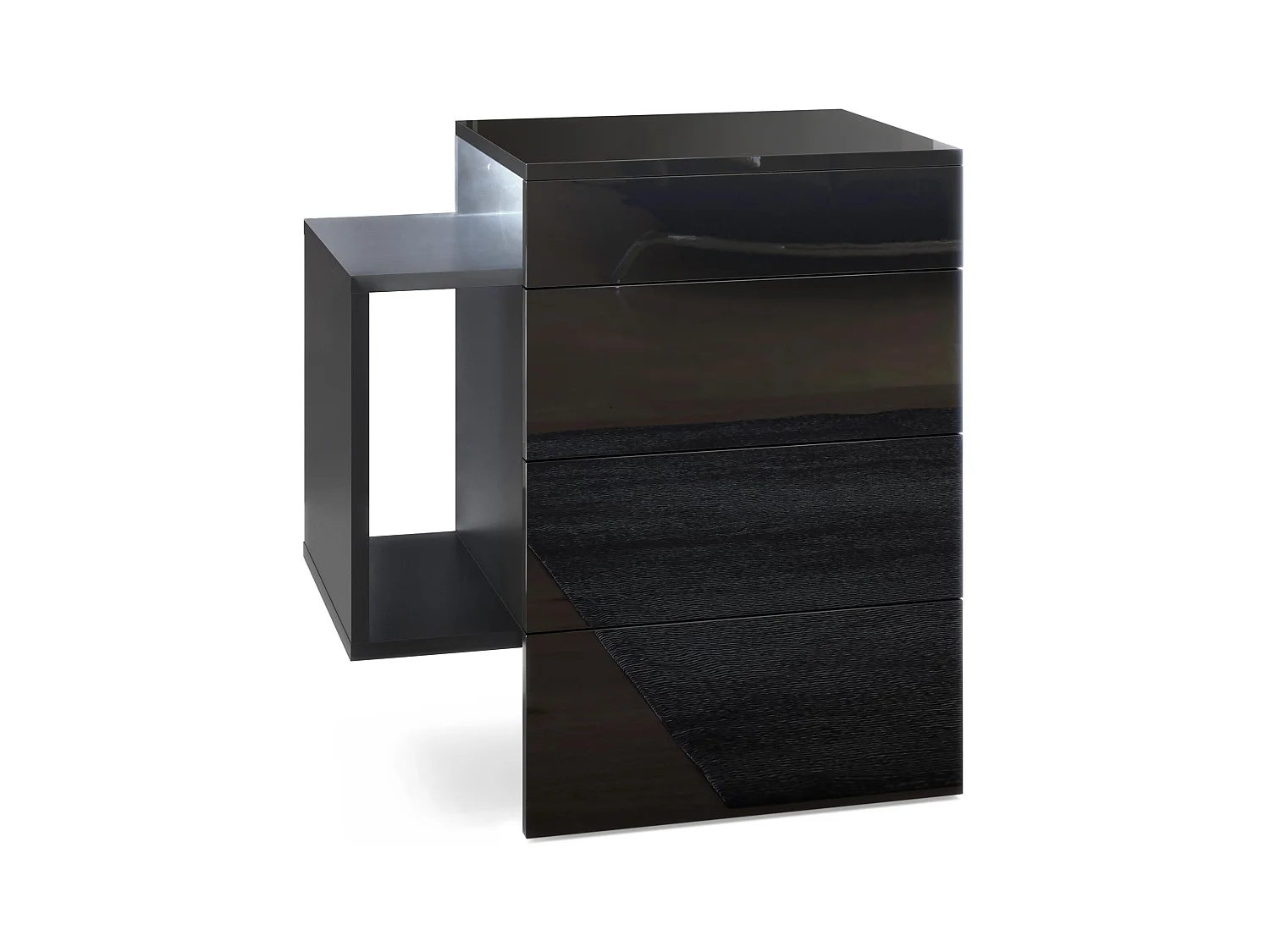 Table de chevet Queens, Table de nuit avec 2 tiroirs et 1 compartiment latéral à fixer au mur, Noir mat/Noir brillant, incl. LED blanc (60x63x36 cm)