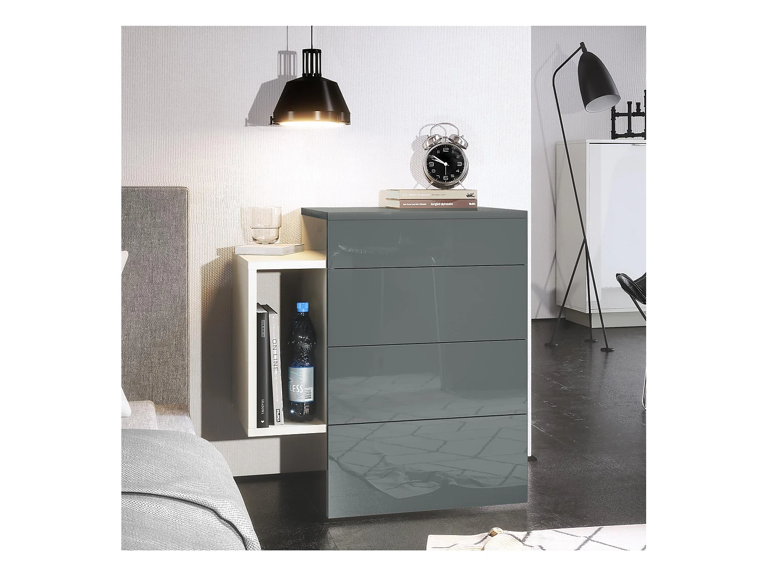 Table de chevet Queens, Table de nuit avec 2 tiroirs et 1 compartiment latéral à fixer au mur, Blanc mat/Gris haute brillance (60 x 63 x 36 cm)