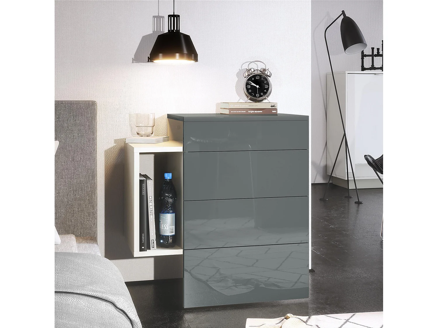 Table de chevet Queens, Table de nuit avec 2 tiroirs et 1 compartiment latéral à fixer au mur, Blanc mat/Gris haute brillance (60 x 63 x 36 cm)