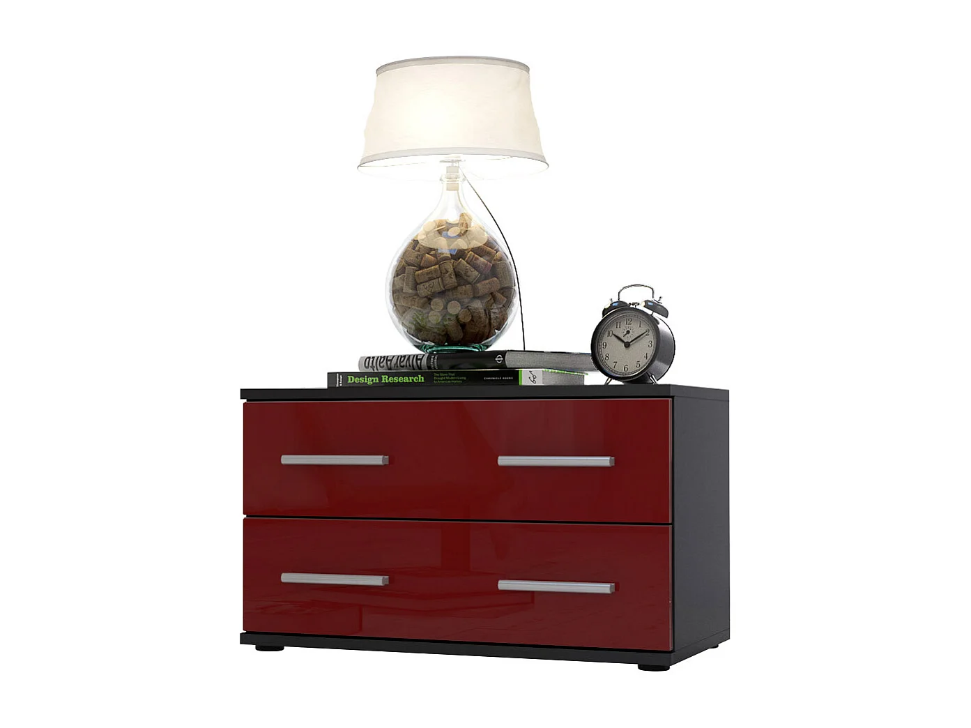 Mesa de noche Kioto, Cuerpo en Negro mate / Frontal en Color Burdeos alto brillo