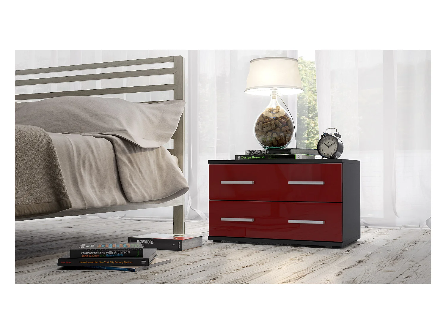 Mesa de noche Kioto, Cuerpo en Negro mate / Frontal en Color Burdeos alto brillo