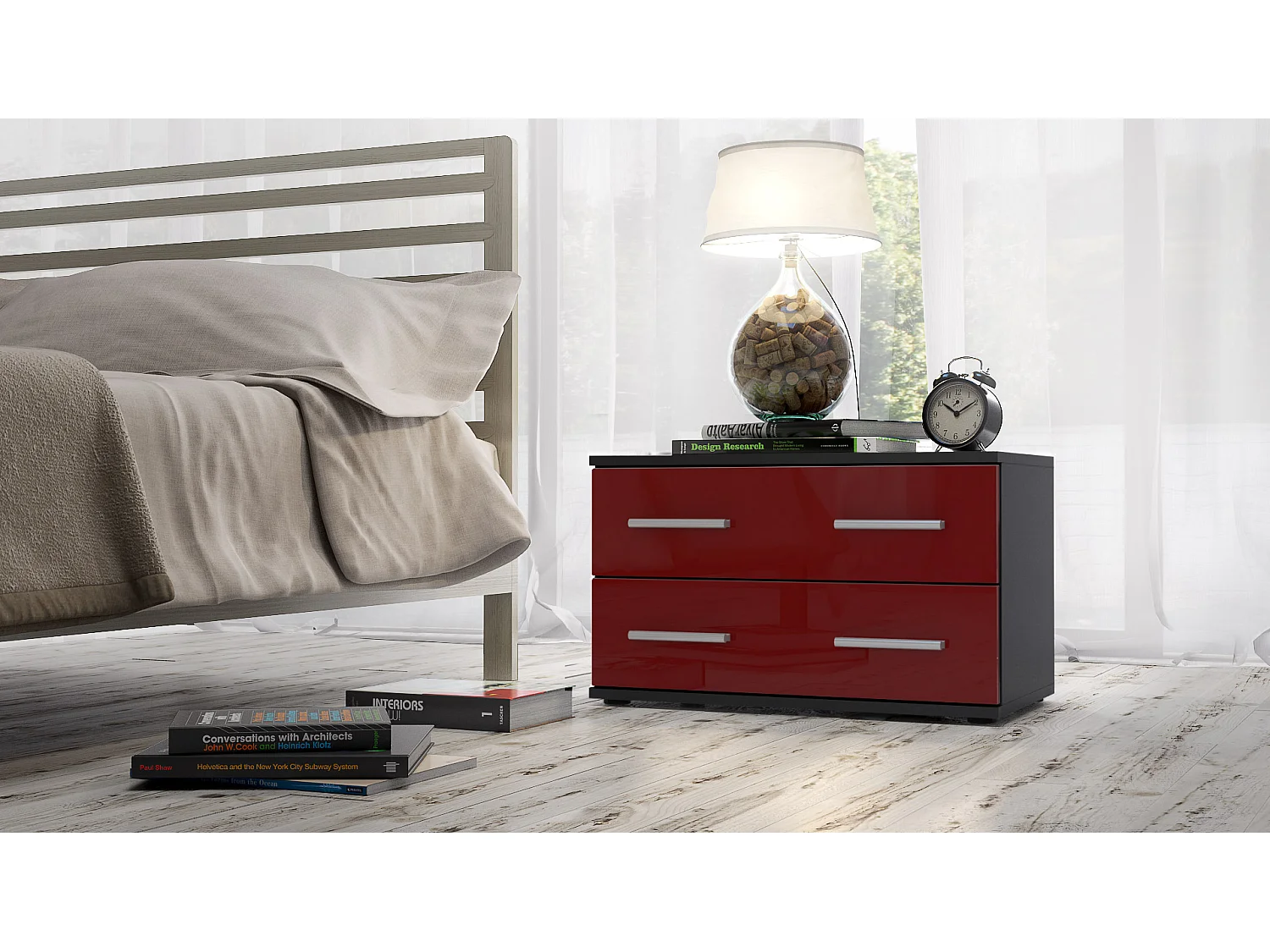 Table de chevet de nuit Kioto, Corps en Noir mat / Façades en Bordeaux haute brillance