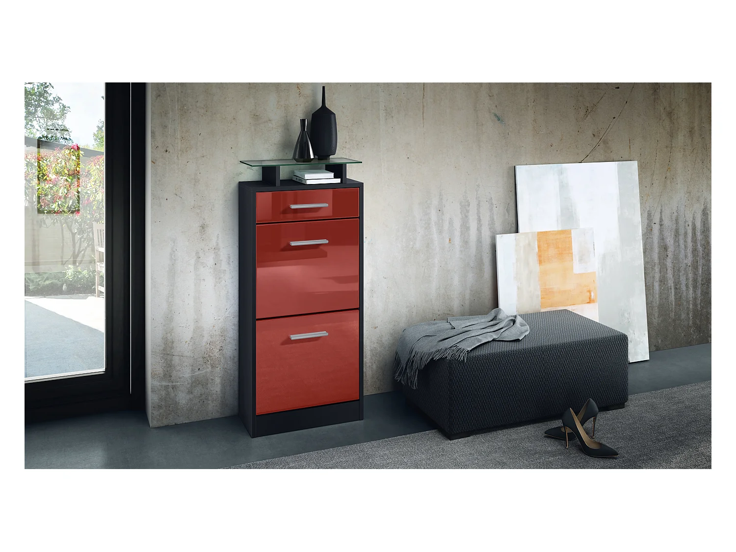 Meuble chaussure Loret V2, Étagère à chaussures pour 8 paires de chaussures avec 2 clapets, 1 tiroir, Noir mat/Bordeaux brillant (46 x 104 x 23 cm)