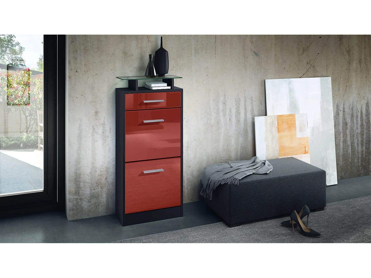 Meuble chaussure Loret V2, Étagère à chaussures pour 8 paires de chaussures avec 2 clapets, 1 tiroir, Noir mat/Bordeaux brillant (46 x 104 x 23 cm)