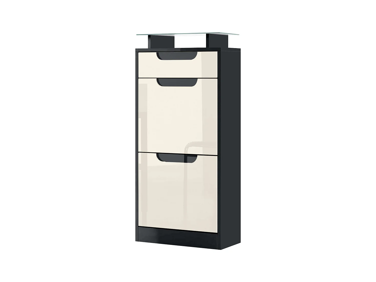 Meuble à chaussures Fiesta V2, Corps en Noir mat / Façades en Crème haute brillance avec un decor en Noir haute brillance