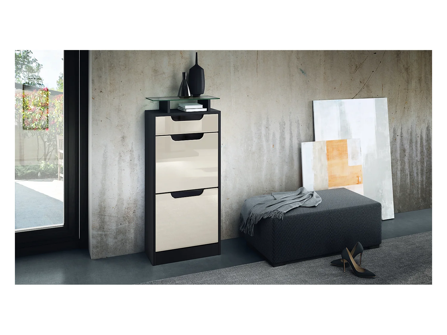 Meuble à chaussures Fiesta V2, Corps en Noir mat / Façades en Crème haute brillance avec un decor en Noir haute brillance