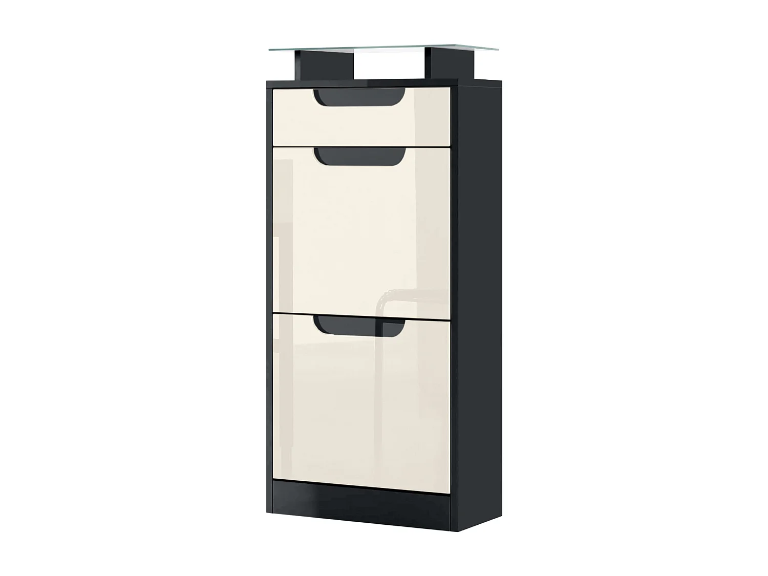 Scarpiera Fiesta V2, Struttura in nero opaco / Frontale in beige lucido con angoli in nero lucido