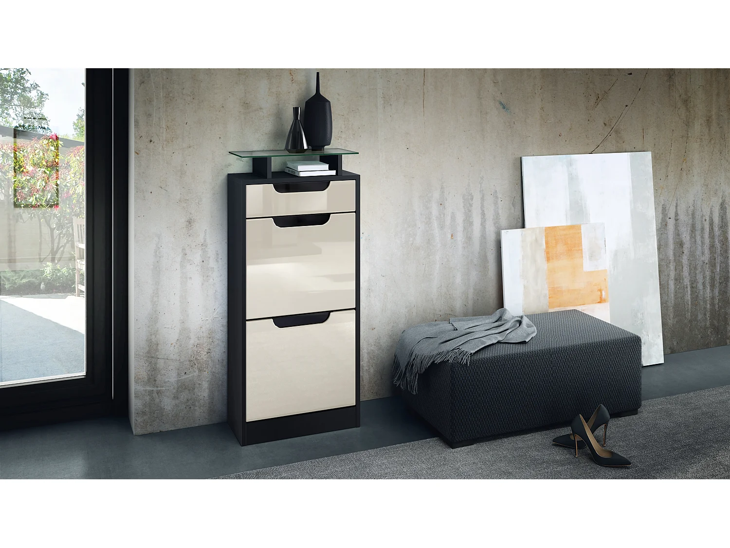 Scarpiera Fiesta V2, Struttura in nero opaco / Frontale in beige lucido con angoli in nero lucido