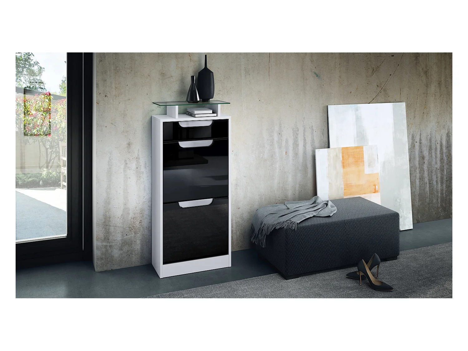 Meuble à chaussures Fiesta V2, Corps en Blanc mat / Façades en Noir haute brillance avec un decor en Blanc haute brillance