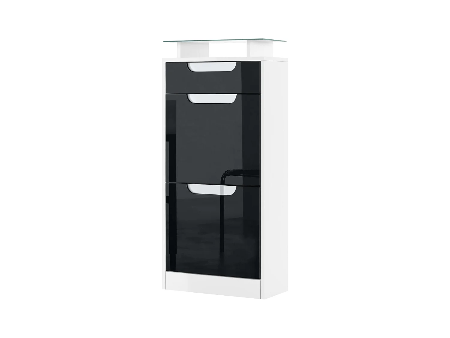 Meuble à chaussures Fiesta V2, Corps en Blanc mat / Façades en Noir haute brillance avec un decor en Blanc haute brillance