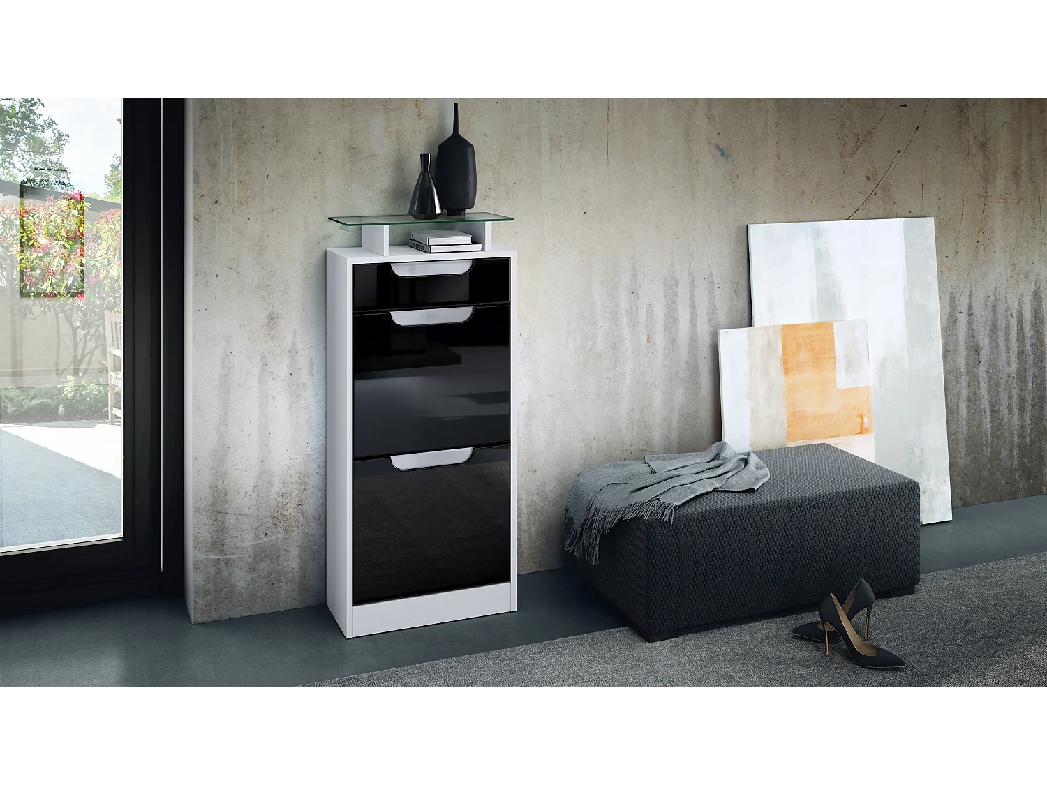 Scarpiera Fiesta V2, struttura in bianco opaco / frontale in nero lucido con profili in bianco lucido