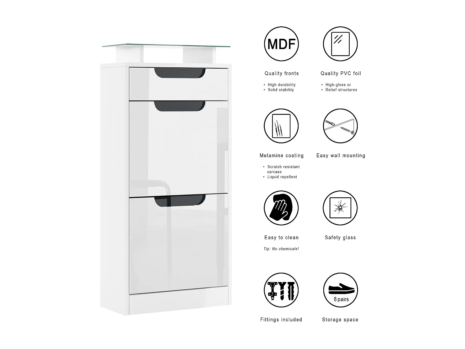 Meuble à chaussures Fiesta V2, Corps en Blanc mat / Façades en Noir haute brillance avec un decor en Blanc haute brillance