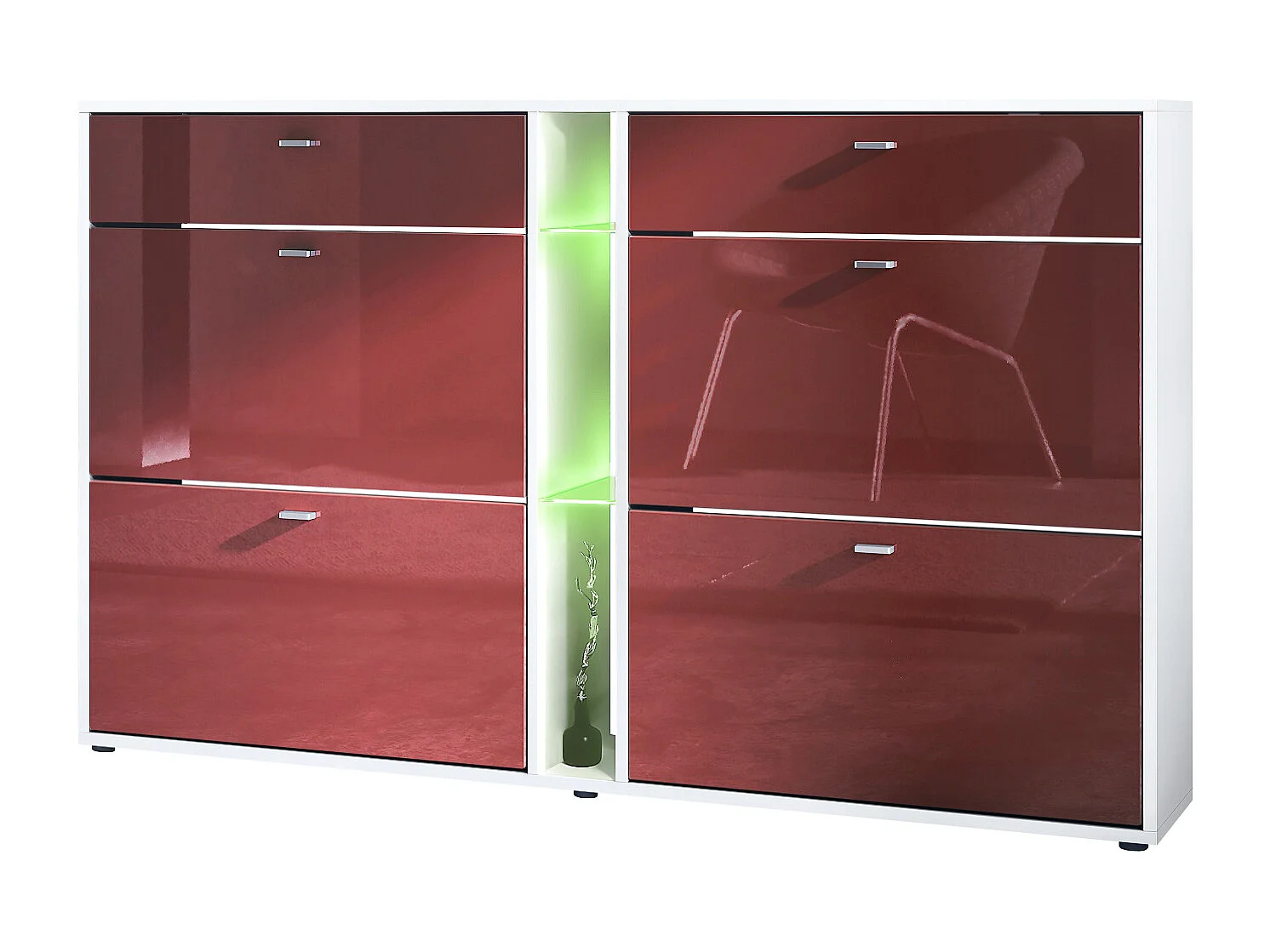 Scarpiera Today con 4 ante e 2 cassetti 155,5 x 95 x 28 cm, con illuminazione a LED RGB, struttura in bianco opaco, frontali in bordeaux lucido