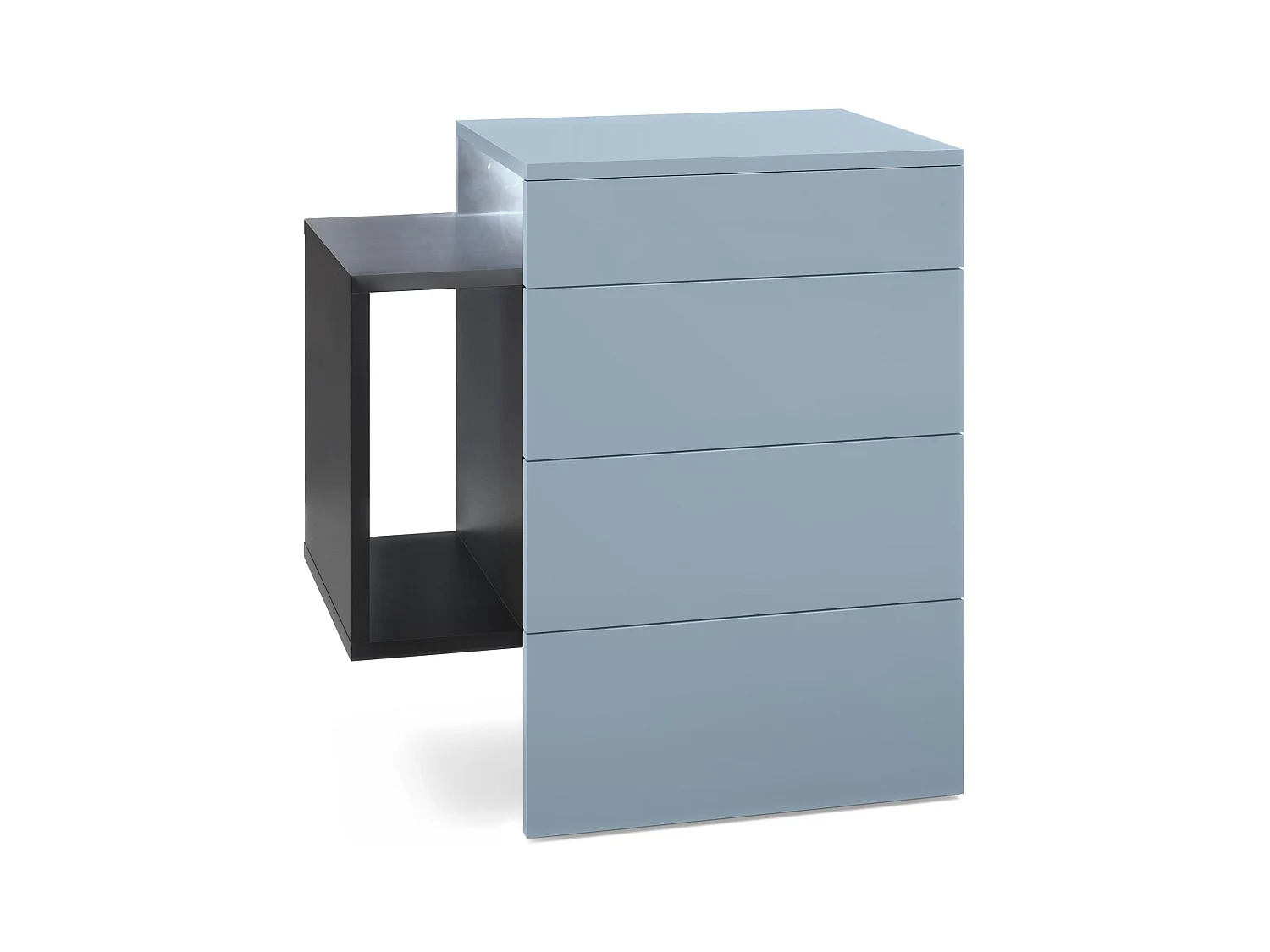 Table de chevet Queens, Table de nuit avec 2 tiroirs et 1 compartiment latéral à fixer au mur, Noir mat/Denim mat, incl. spot encastré LED blanc (60x63x36 cm)