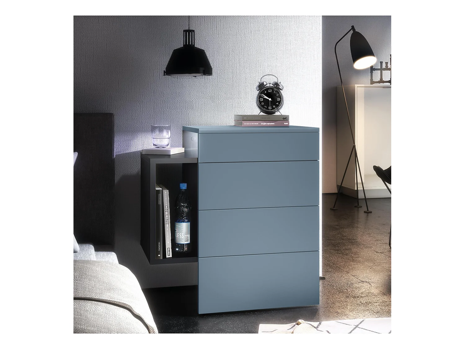 Table de chevet Queens, Table de nuit avec 2 tiroirs et 1 compartiment latéral à fixer au mur, Noir mat/Denim mat, incl. spot encastré LED blanc (60x63x36 cm)