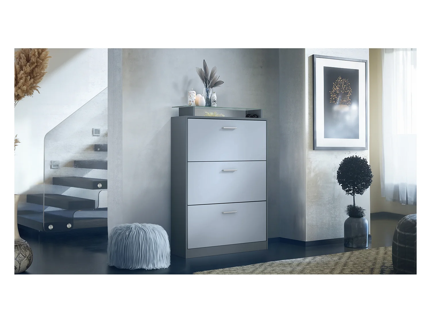 Armoire à chaussures Lavia, benne à chaussures pour 24 paires de chaussures avec 3 abattants et étagère en verre, / (89 x 128 x 23 cm)