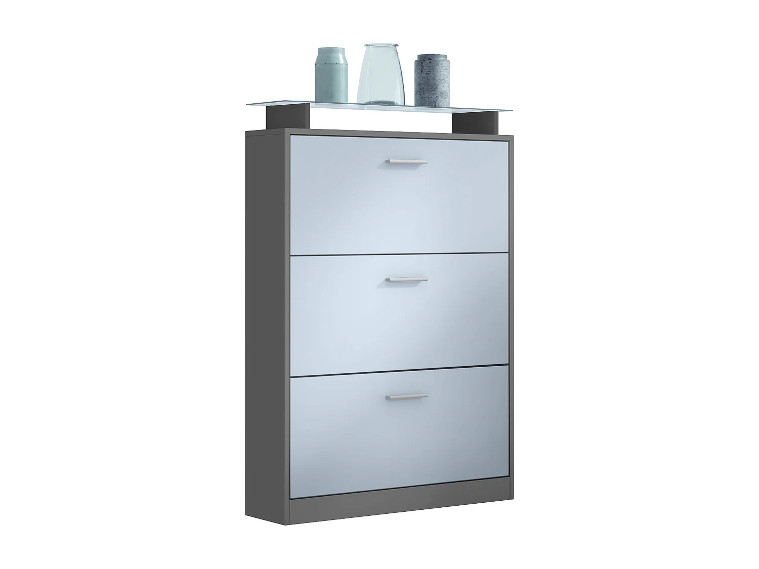 Scarpiera Lavia, Scarpiera a ribalta per 24 paia di scarpe con 3 ante a ribalta e ripiano in vetro, antracite opaco /denim opaco (89 x 128 x 23 cm)