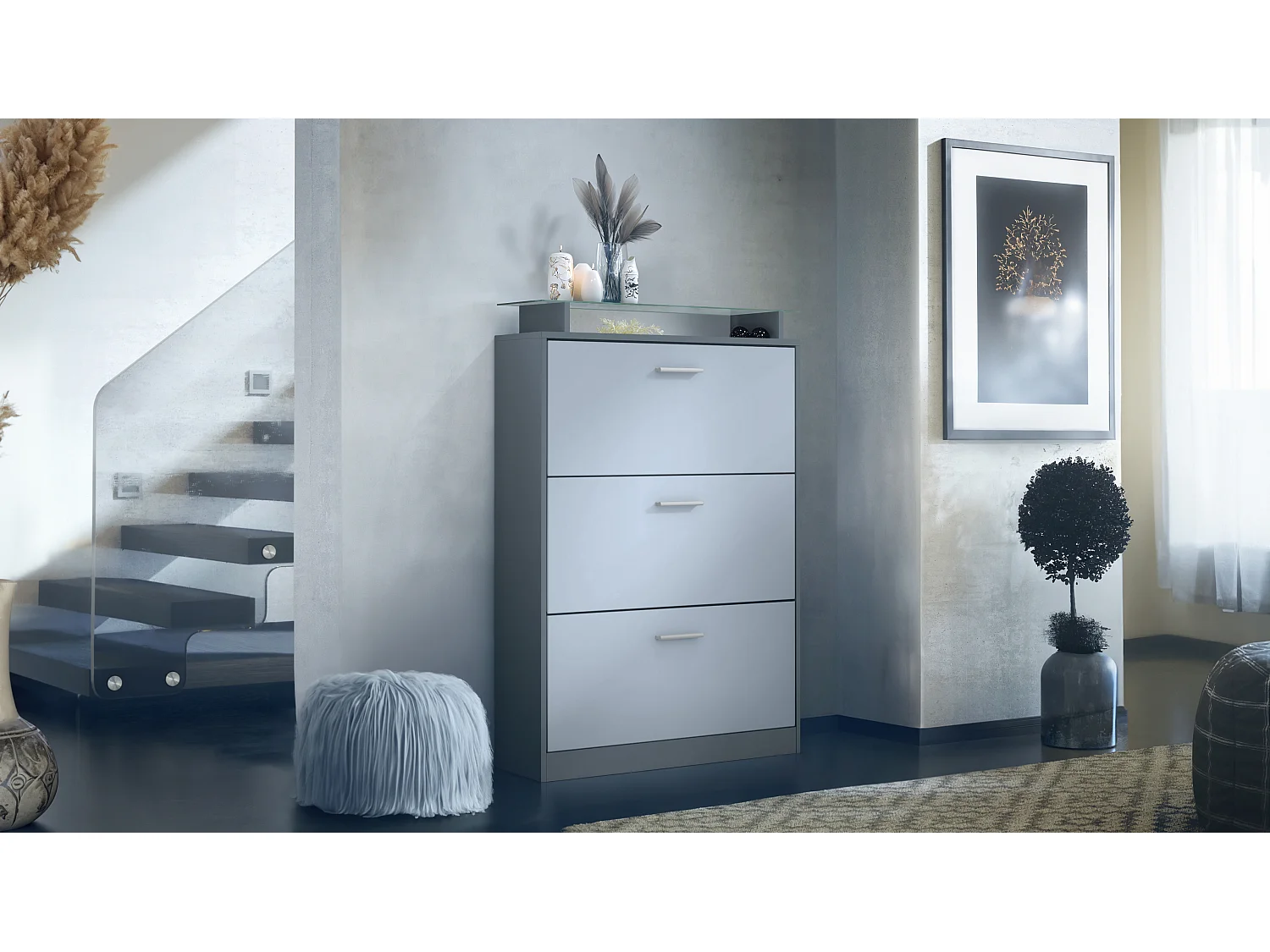 Scarpiera Lavia, Scarpiera a ribalta per 24 paia di scarpe con 3 ante a ribalta e ripiano in vetro, antracite opaco /denim opaco (89 x 128 x 23 cm)