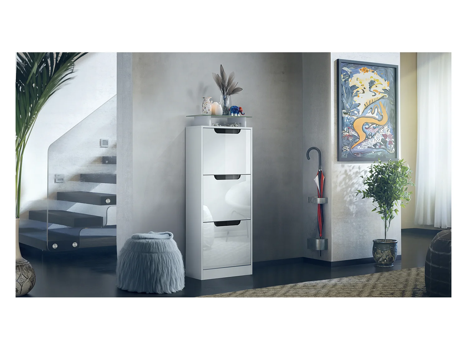 Meuble à chaussures Space V2, Range-chaussures pour 12 paires de chaussures avec 3 abattants et étagère en verre, blanc mat/Blanc brillant (46 x 128 x 23 cm)