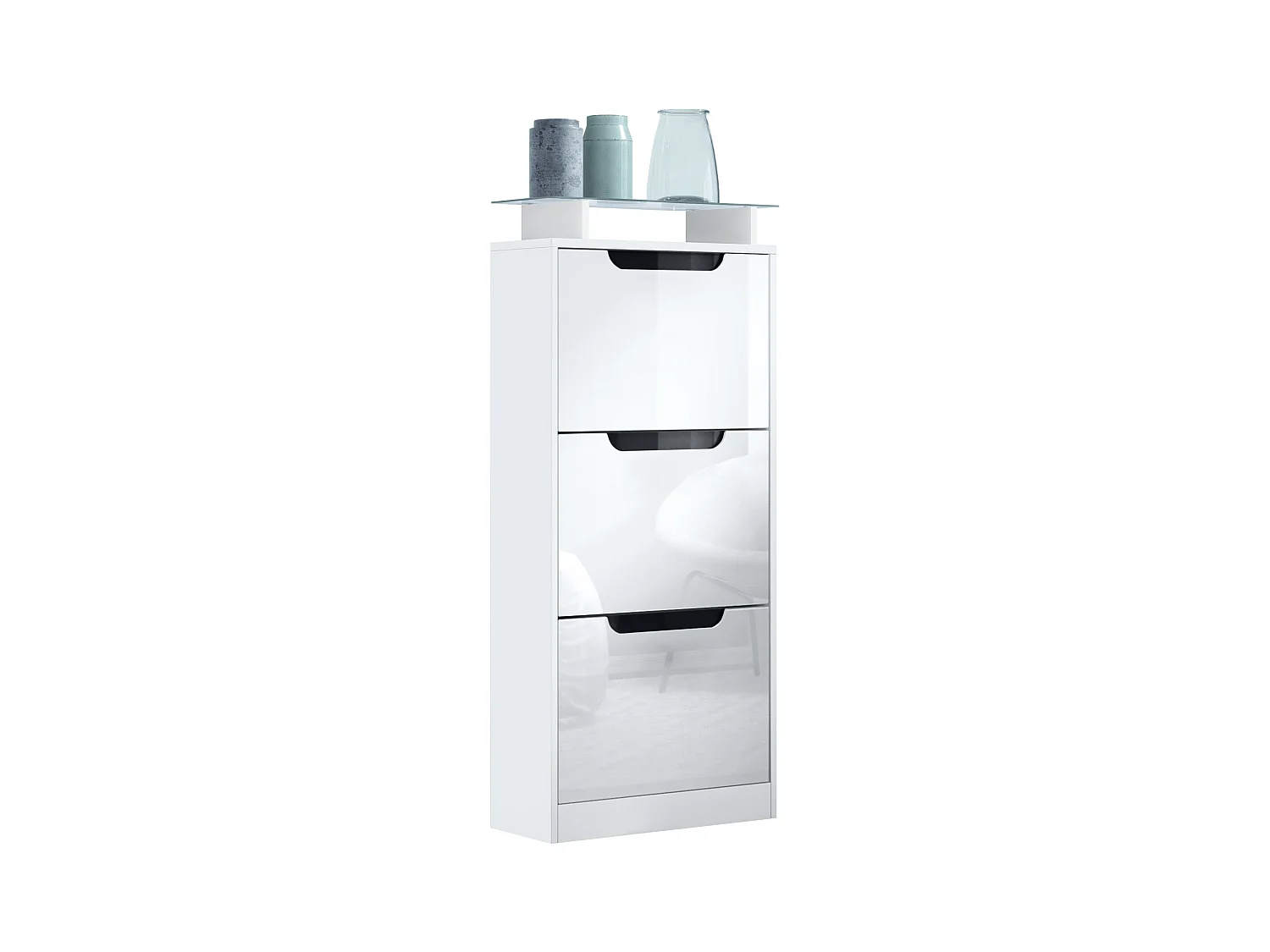 Meuble à chaussures Space V2, Range-chaussures pour 12 paires de chaussures avec 3 abattants et étagère en verre, blanc mat/Blanc brillant (46 x 128 x 23 cm)