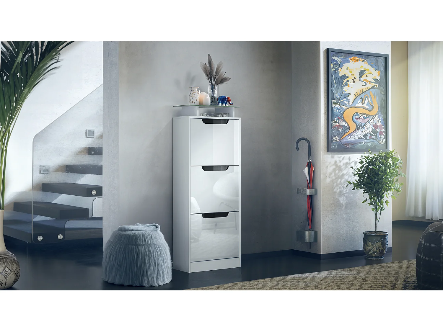 Vladon Scarpiera Space V2, Scarpiera per 12 paia di scarpe con 3 ribalte e ripiano in vetro, bianco opaco/bianco lucido (46 x 128 x 23 cm)