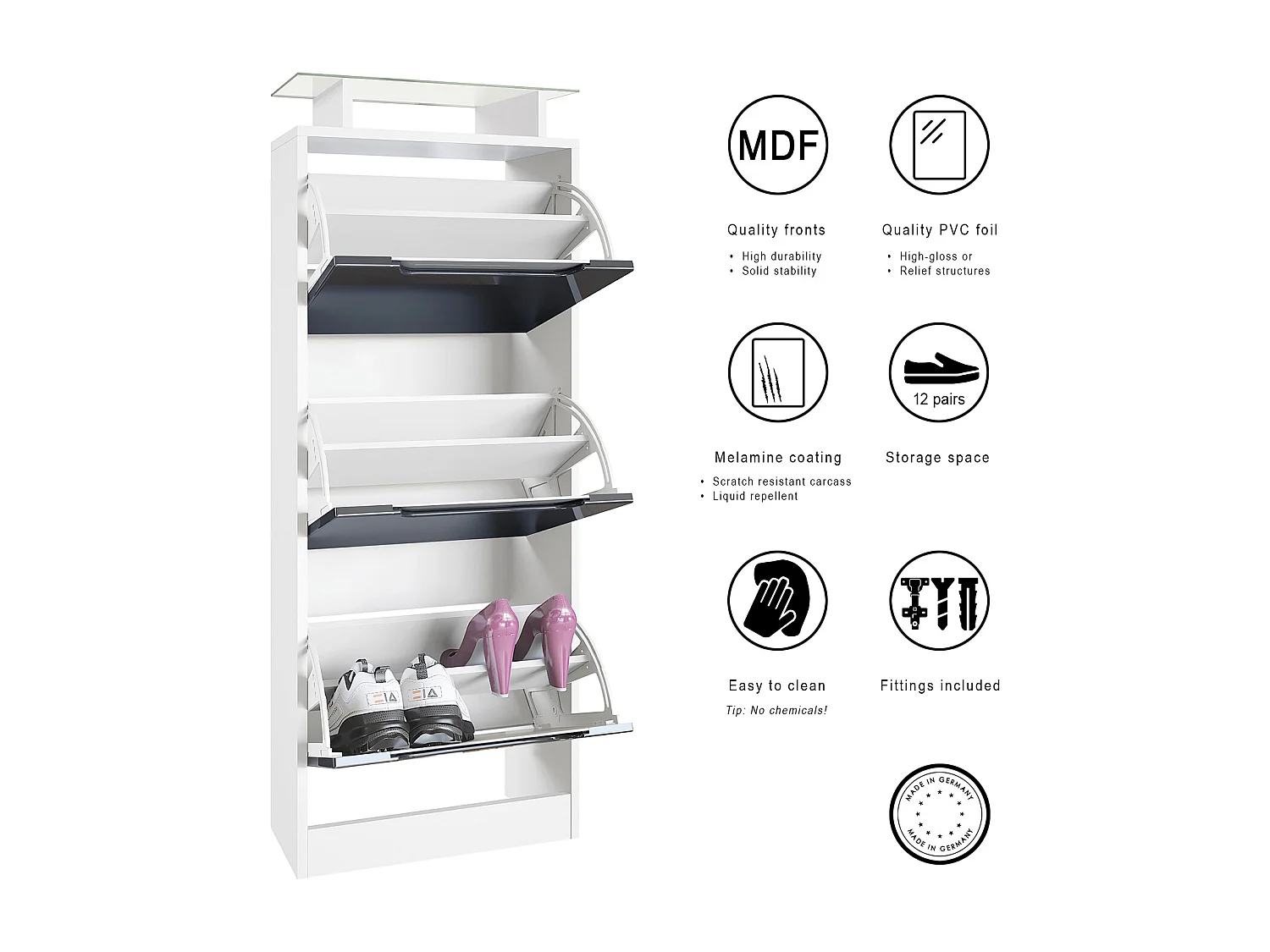 Vladon Scarpiera Space V2, Scarpiera per 12 paia di scarpe con 3 ribalte e ripiano in vetro, bianco opaco/bianco lucido (46 x 128 x 23 cm)