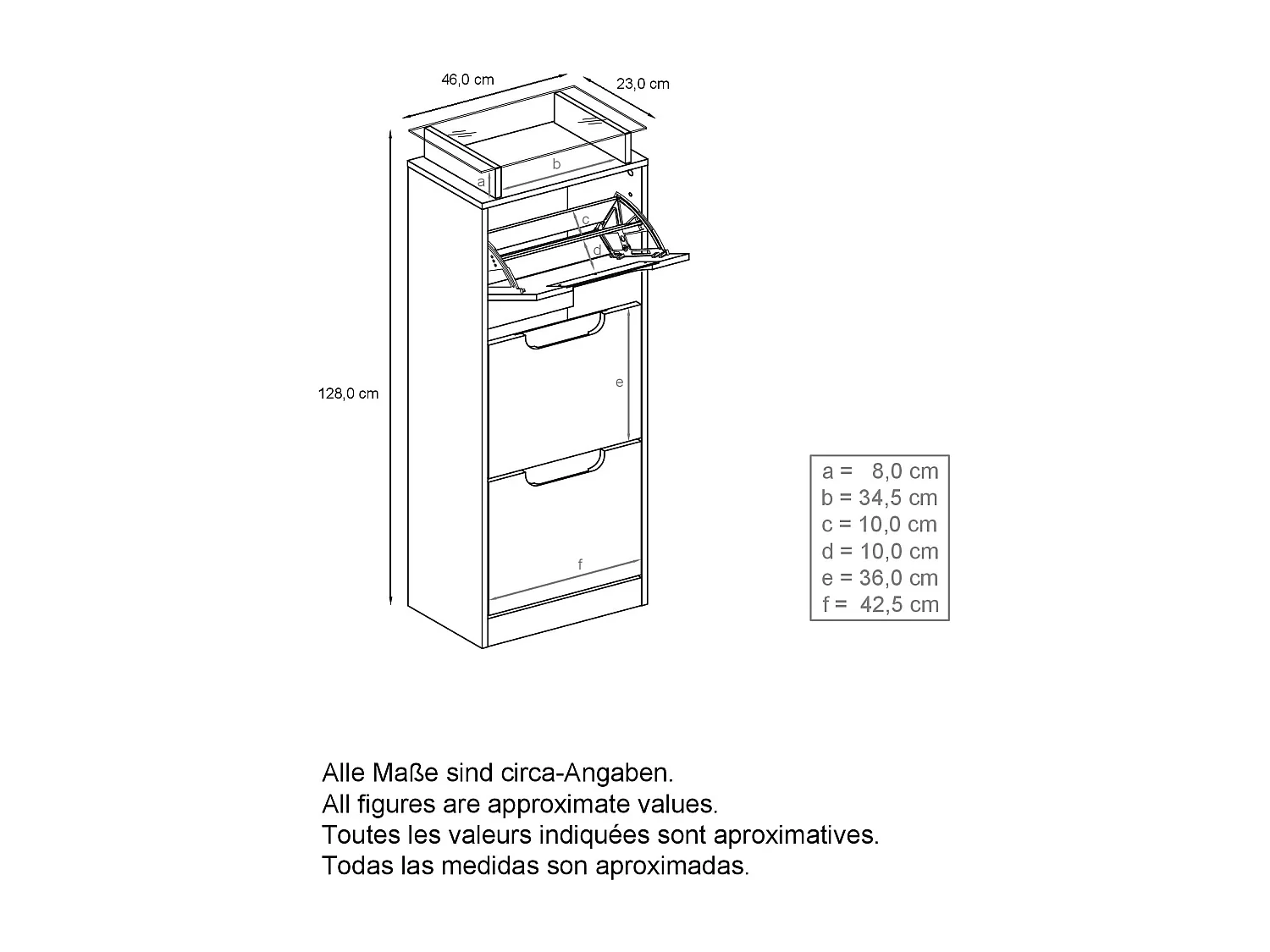 Vladon Scarpiera Space V2, Scarpiera per 12 paia di scarpe con 3 ribalte e ripiano in vetro, bianco opaco/bianco lucido (46 x 128 x 23 cm)