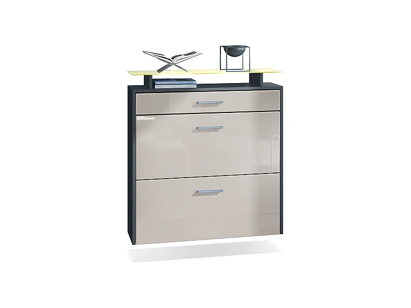 Armoire à chaussures Malea de , anthracite mat/gris sable brillant y compris LED - basculeur à chaussures suspendu pour 16 paires de chaussures (89x96x23 cm)