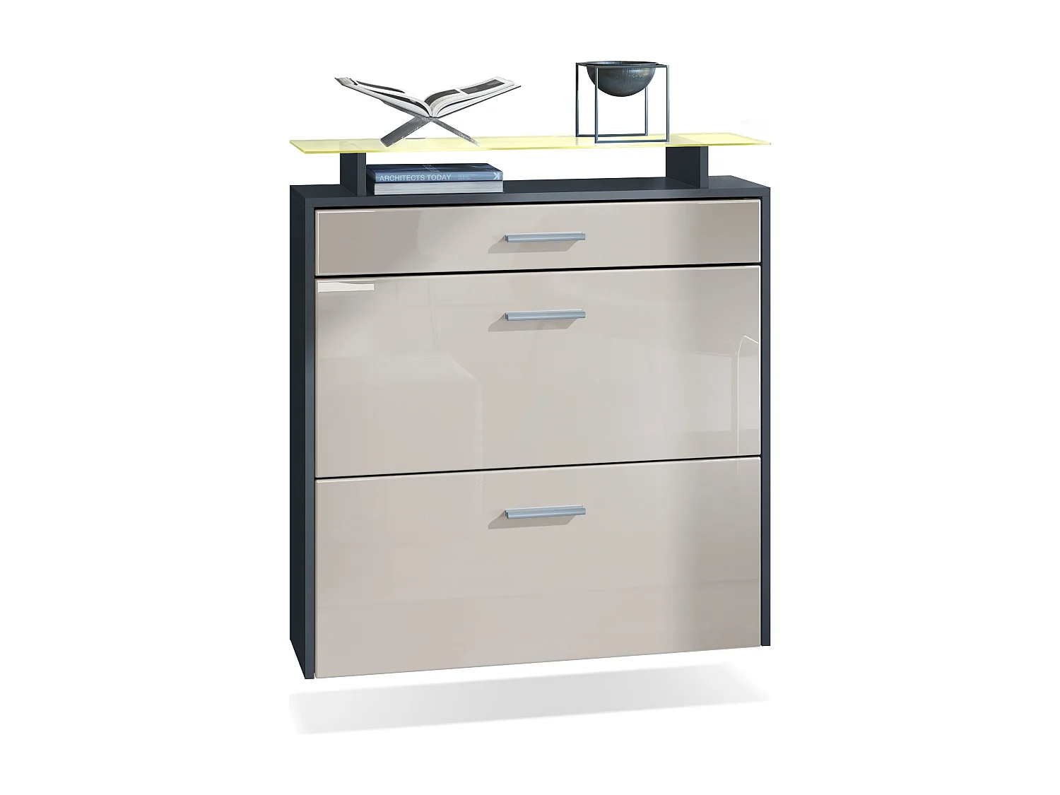 Scarpiera Vladon Malea, antracite opaco /grigio sabbia lucido incl. LED - carrello appeso per 16 paia di scarpe (89 x 96 x 23 cm)