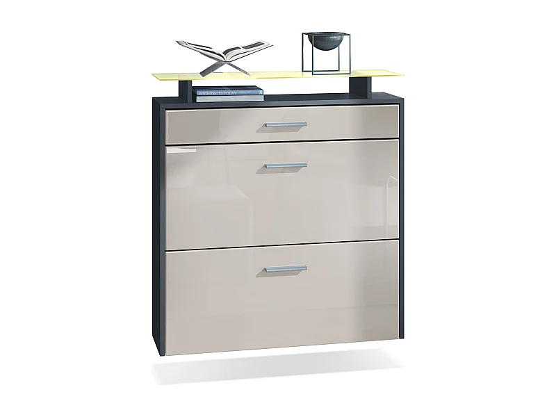 Armoire à chaussures Malea de , anthracite mat/gris sable brillant y compris LED - basculeur à chaussures suspendu pour 16 paires de chaussures (89x96x23 cm)