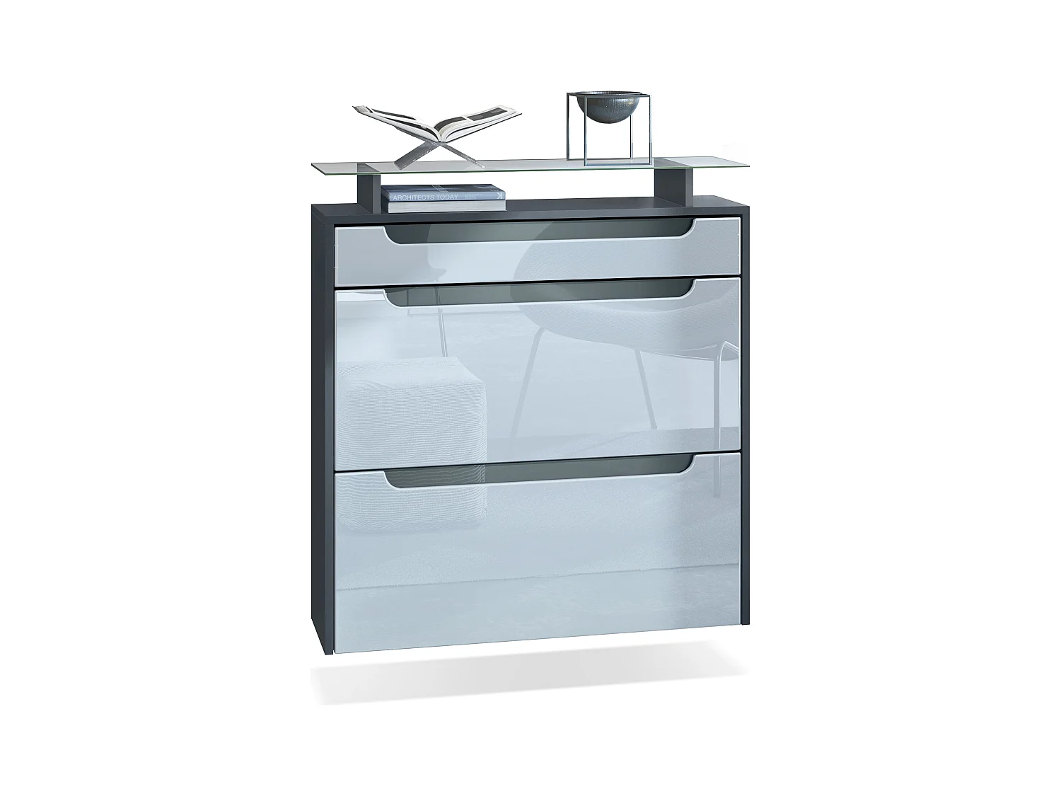 SCHUHSCHRANK Annie Fronten in Weiß Hochglanz, Griffmulden in Grau Hochglanz