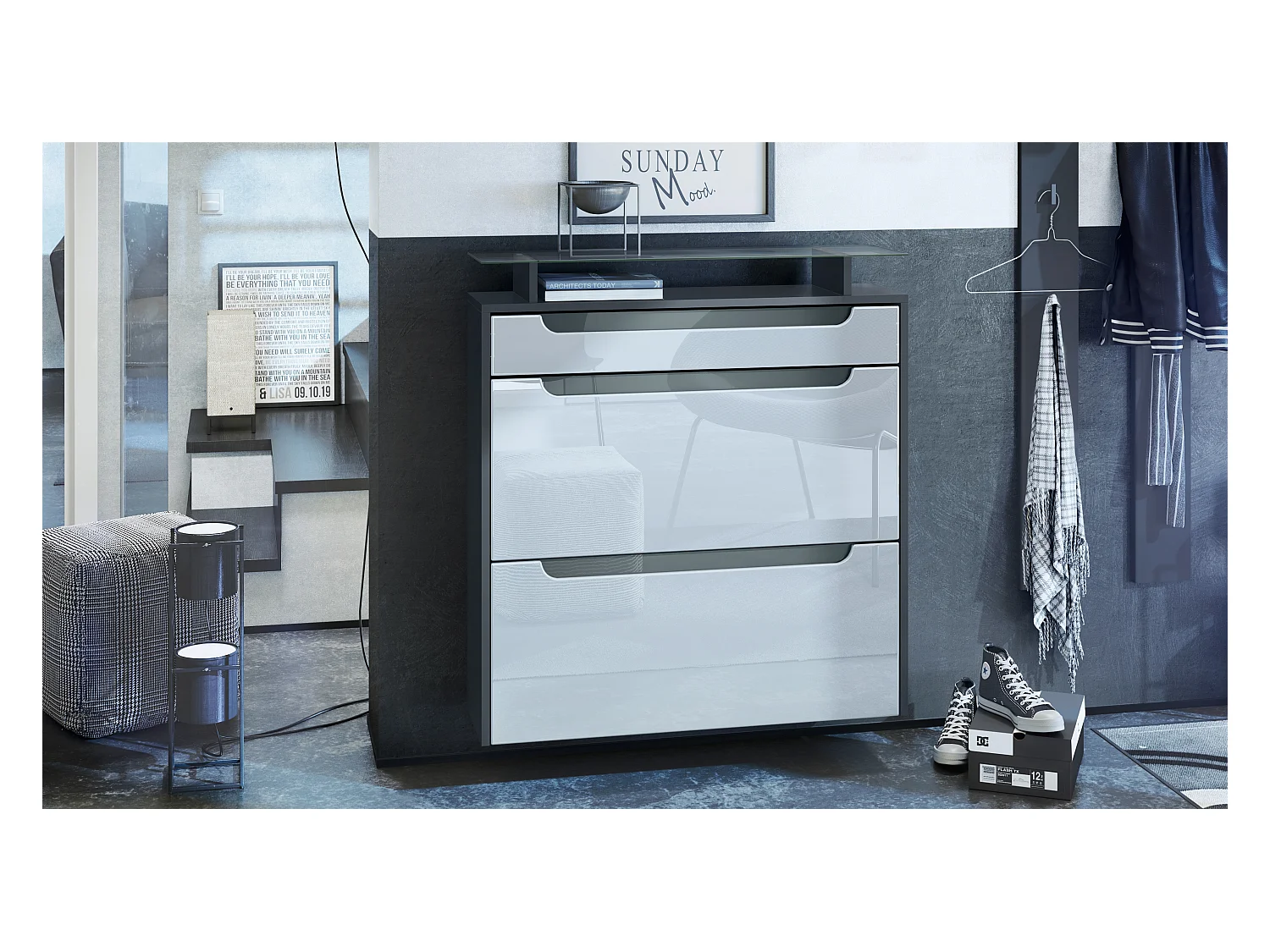 SCHUHSCHRANK Annie Fronten in Weiß Hochglanz, Griffmulden in Grau Hochglanz