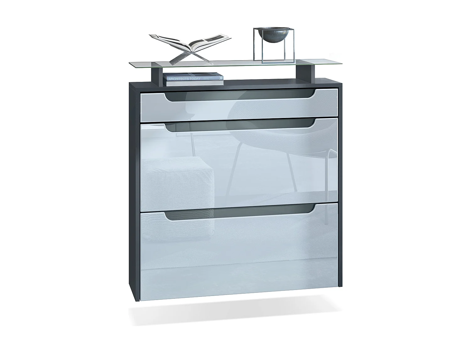 Meuble chaussures Annie pour 16 paires de chaussures avec clapets et tablette en verre, Anthracite mat/Blanc brillant, poignées Gris brillant (89x96x23 cm)