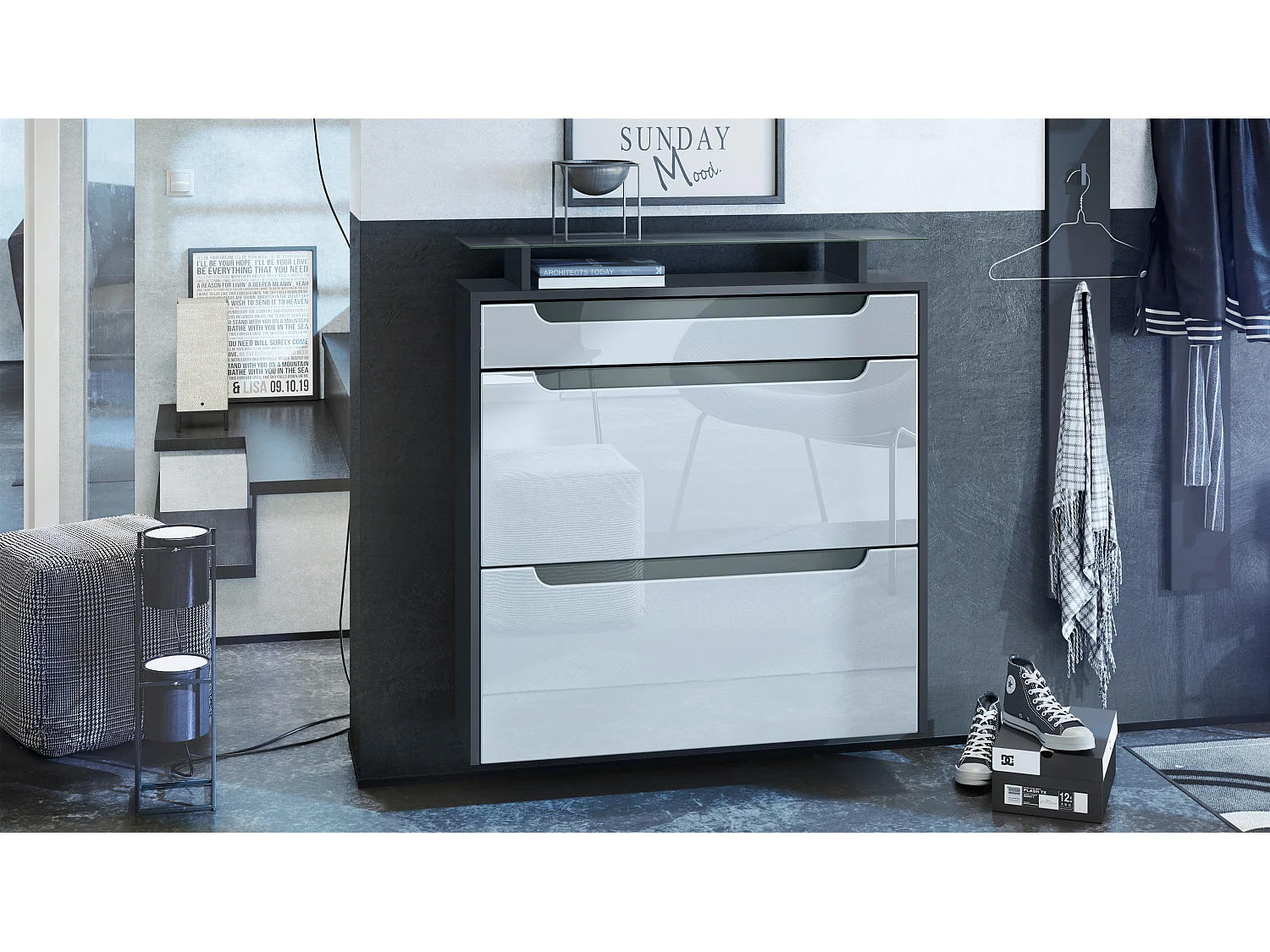 Meuble chaussures Annie pour 16 paires de chaussures avec clapets et tablette en verre, Anthracite mat/Blanc brillant, poignées Gris brillant (89x96x23 cm)