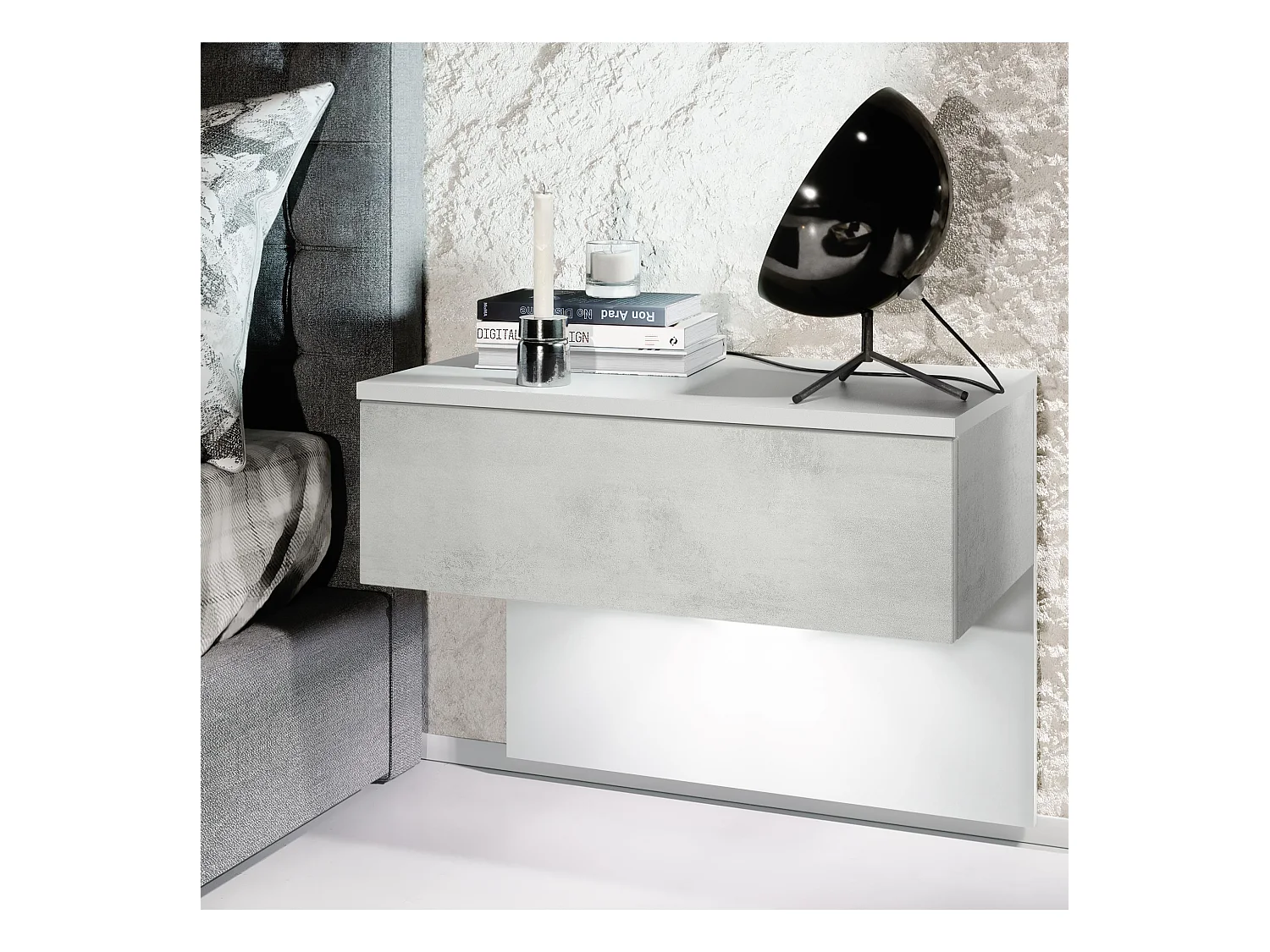 Table de chevet Sleep, Table de nuit à fixation murale avec tiroir, Blanc mat/Aspect Béton Oxyde, éclairage LED inclus (60 x 46 x 35 cm)
