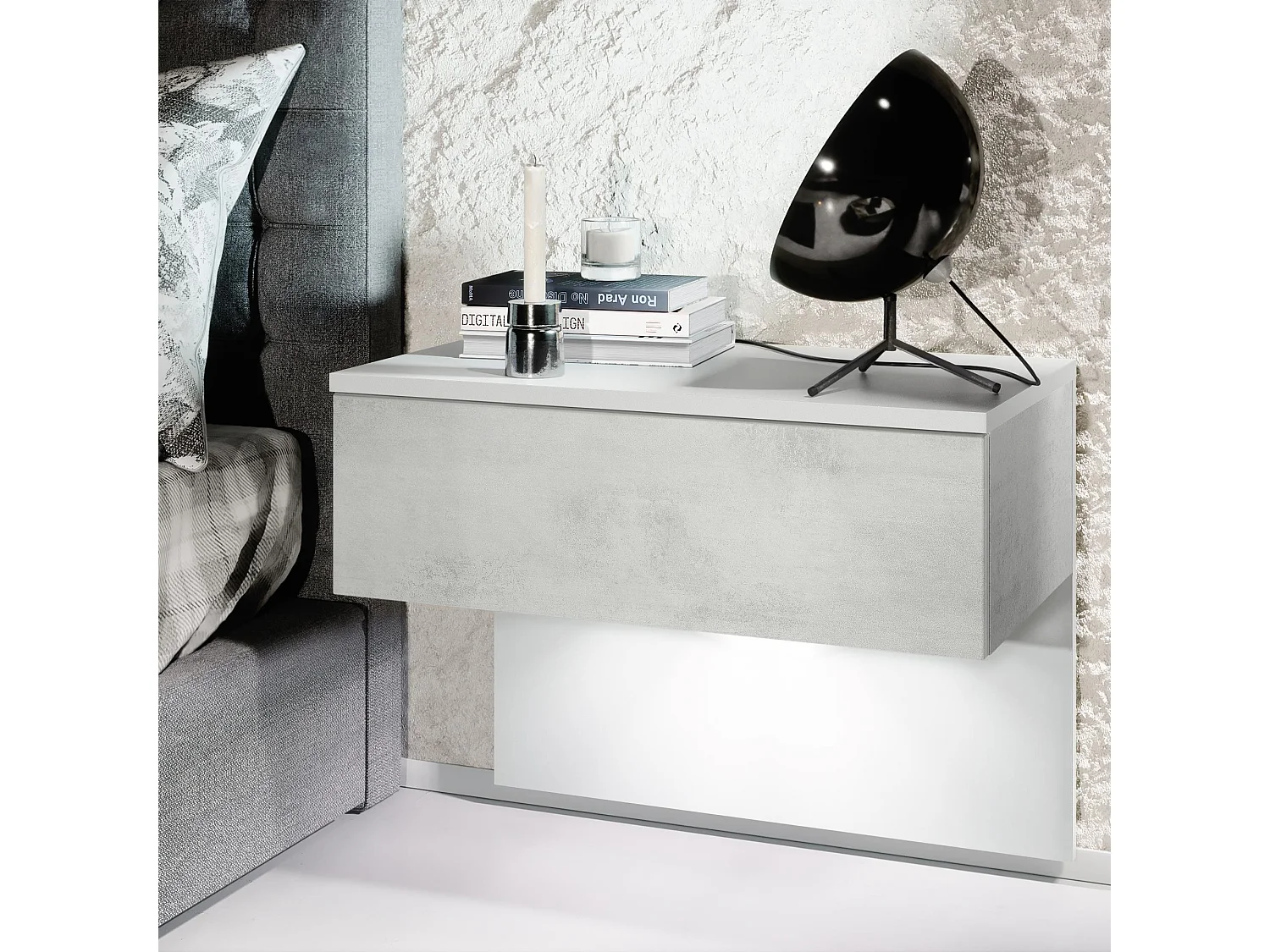Table de chevet Sleep, Table de nuit à fixation murale avec tiroir, Blanc mat/Aspect Béton Oxyde, éclairage LED inclus (60 x 46 x 35 cm)