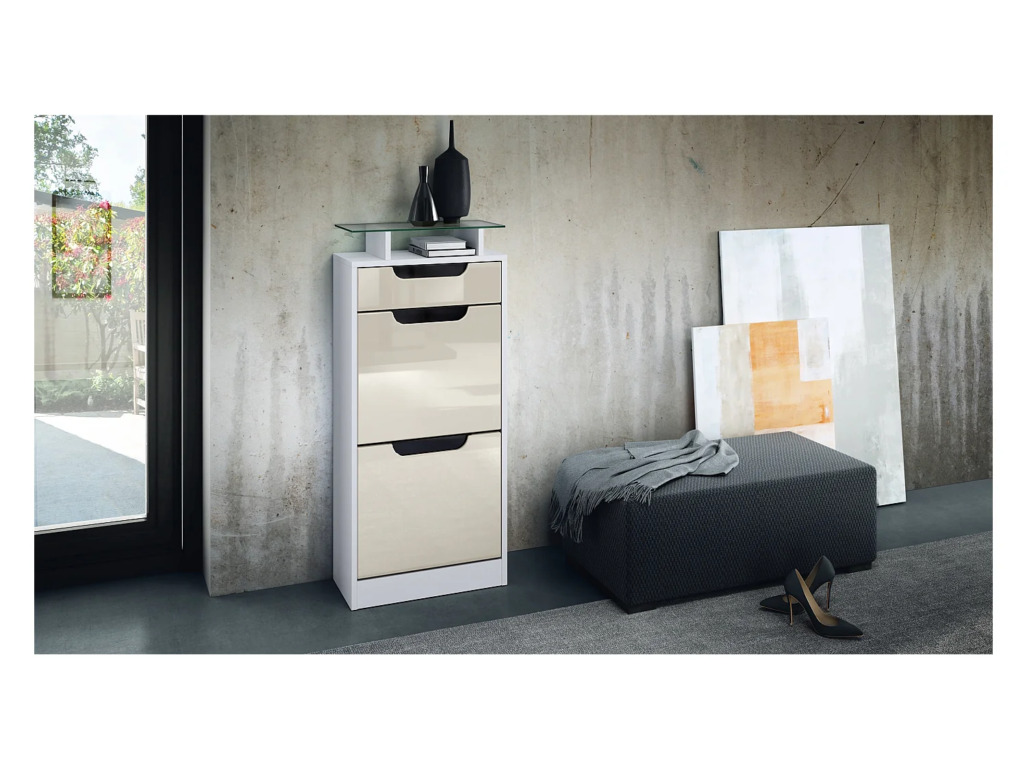 Meuble à chaussures Fiesta V2, Corps en Blanc mat / Façades en Crème haute brillance avec un decor en Noir haute brillance