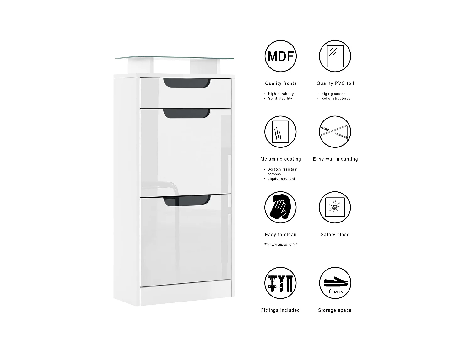 Meuble à chaussures Fiesta V2, Corps en Blanc mat / Façades en Crème haute brillance avec un decor en Noir haute brillance