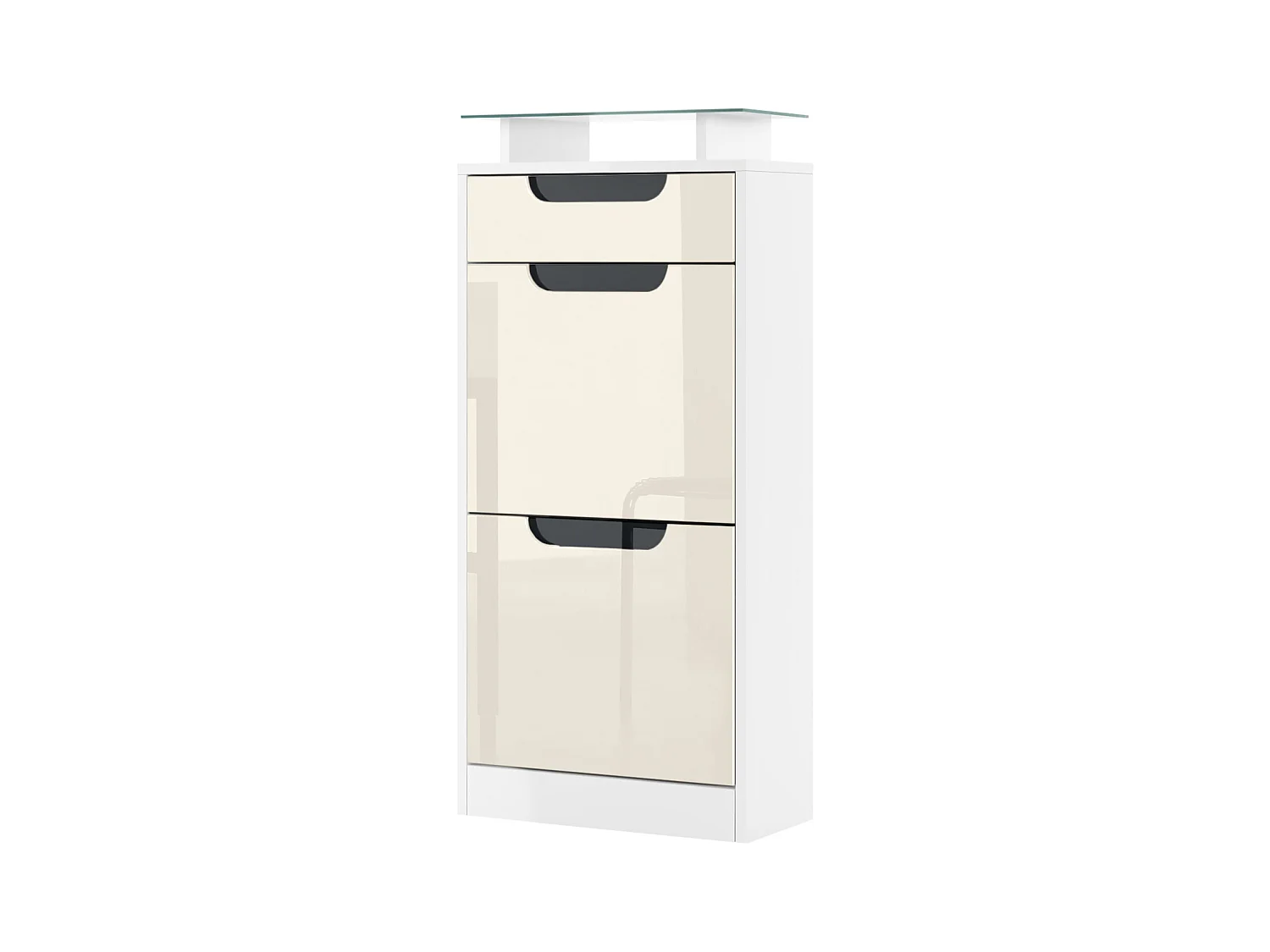Meuble à chaussures Fiesta V2, Corps en Blanc mat / Façades en Crème haute brillance avec un decor en Noir haute brillance