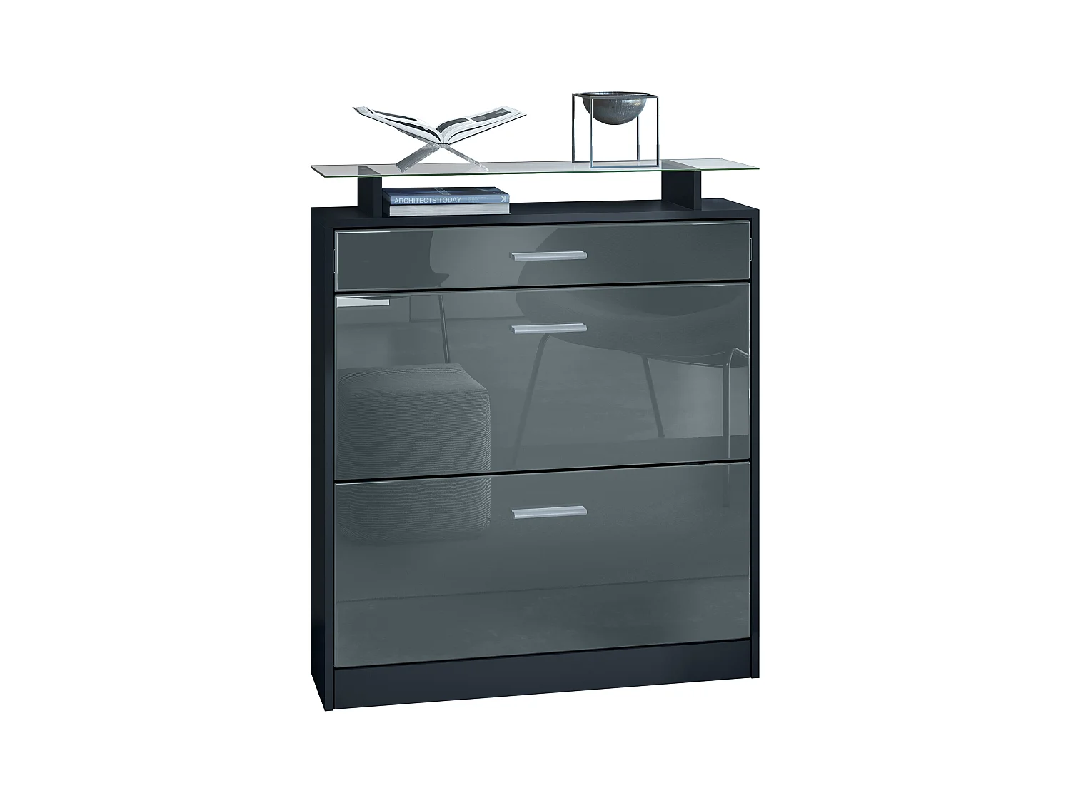 Meuble chaussure Loret, Étagère à chaussures pour 16 paires de chaussures avec 2 clapets à bascule, 1 tiroir, Noir mat/Gris brillant (89 x 104 x 23 cm)