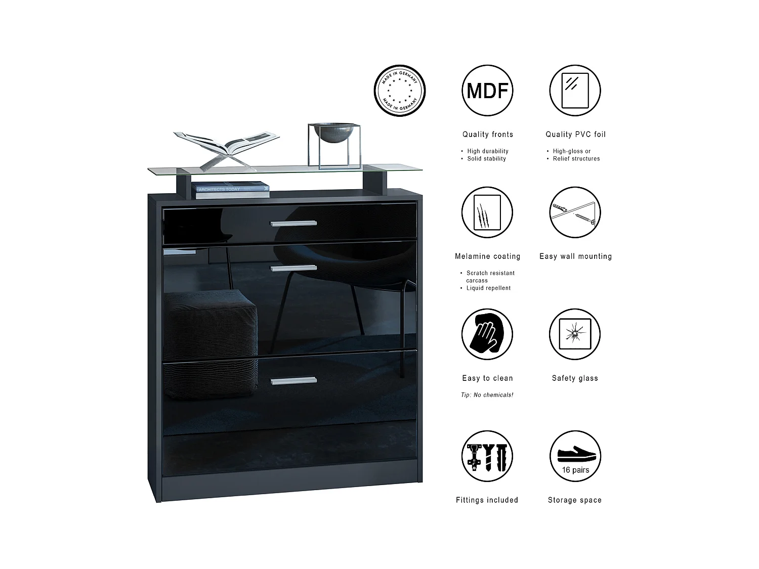 Meuble chaussure Loret, Étagère à chaussures pour 16 paires de chaussures avec 2 clapets à bascule, 1 tiroir, Noir mat/Gris brillant (89 x 104 x 23 cm)