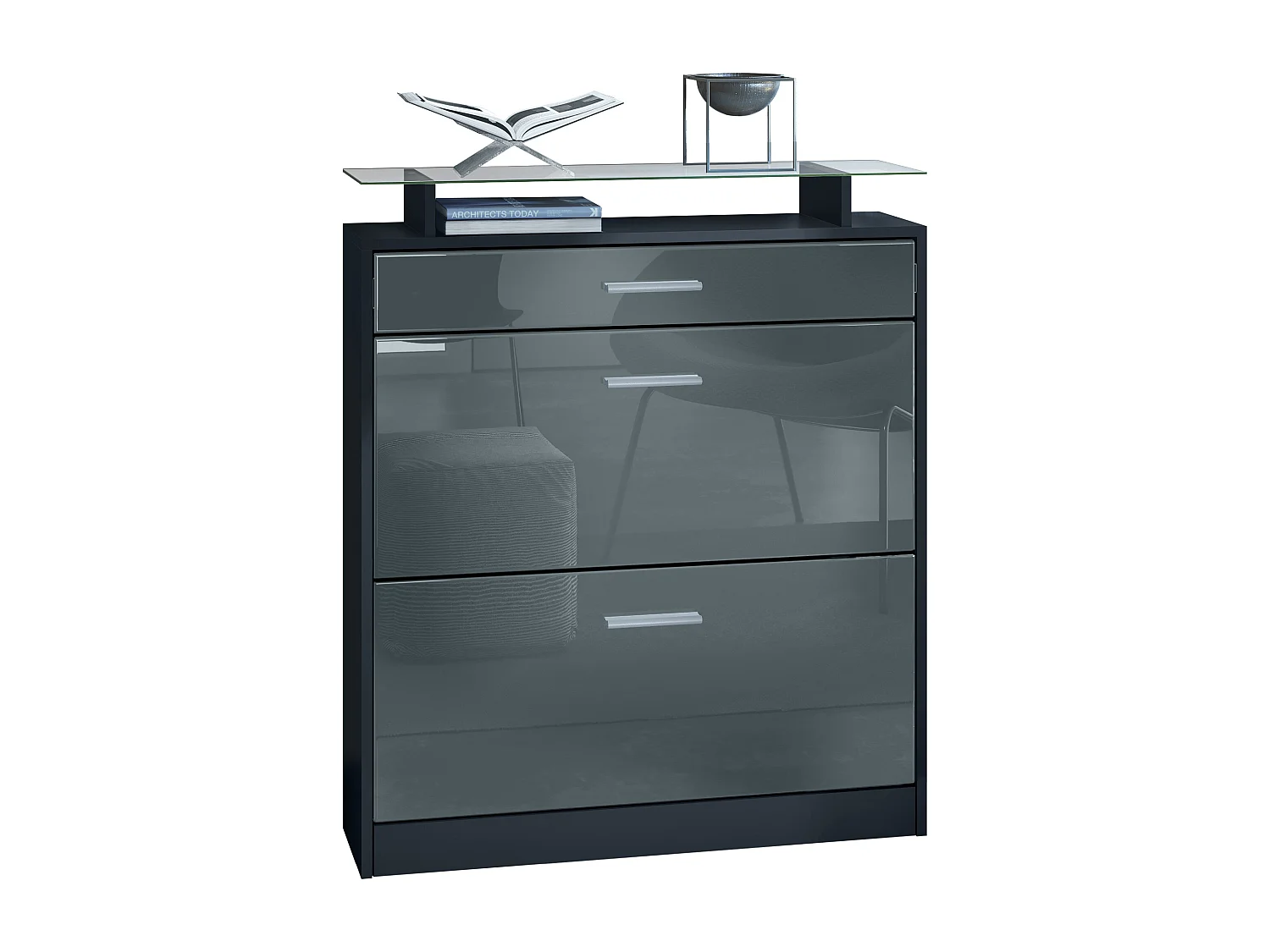 Scarpiera  Loret, mobile per 16 paia di scarpe con 2 ante a ribalta, 1 cassetto e ripiano in vetro, nero opaco/grigio lucido (89 x 104 x 23 cm)